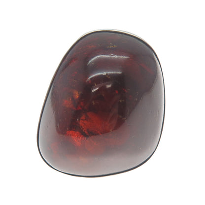 925 Sterling Silver Vintage LA Poland Real Amber Modernist Domed Ring Size 8