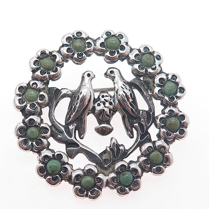 925 Sterling Silver Vintage Mexico Real Turquoise Dove Birds Flower Pin Brooch