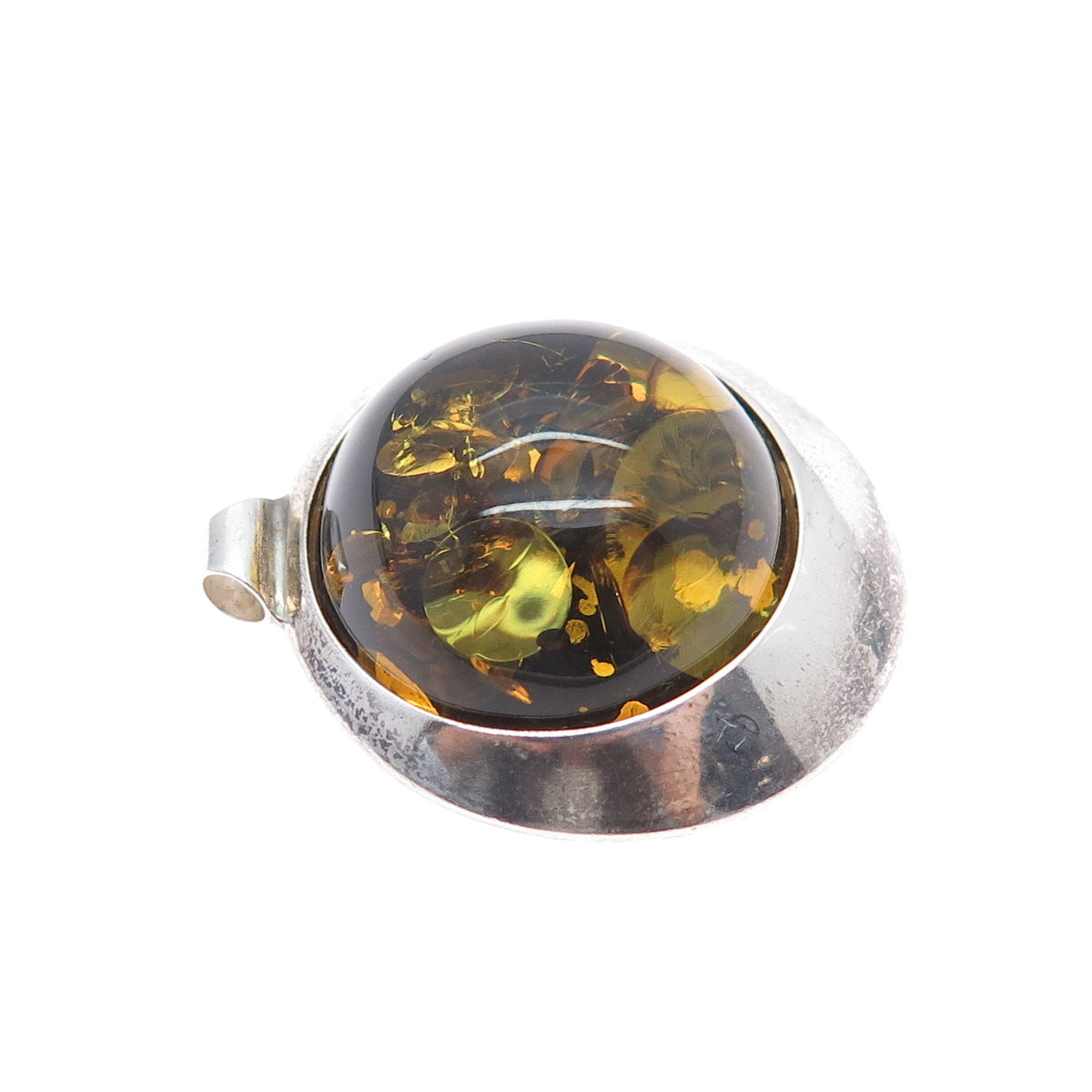 925 Sterling Silver Vintage Real Amber Modernist Oxidized Charm Pendant