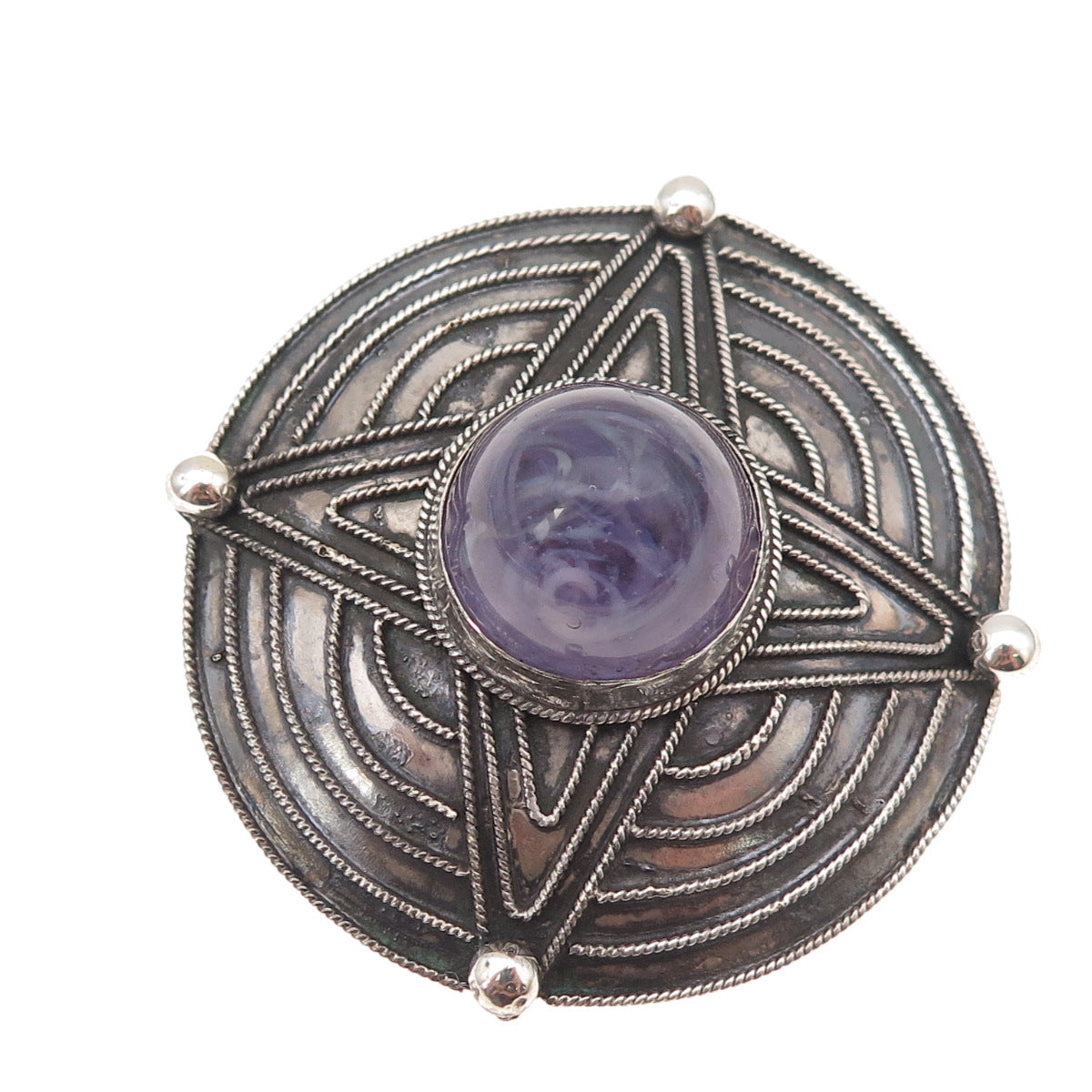 800 Silver Vintage Greece Murano Glass Star Oxidized Pin Brooch / Pendant