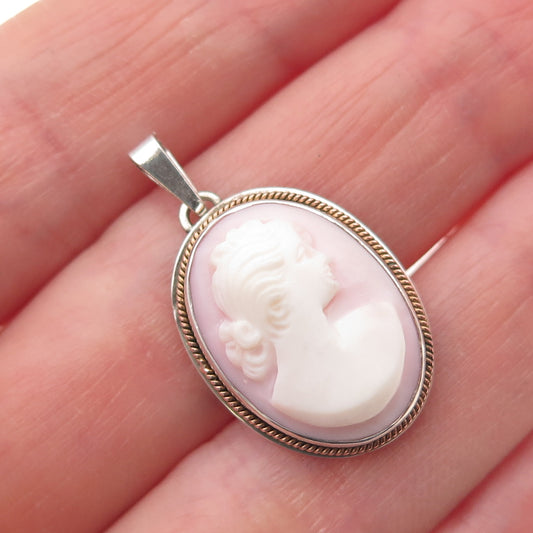 925 Sterling Silver 2-Tone Antique Art Deco Real MOP Carved Lady Cameo Pendant