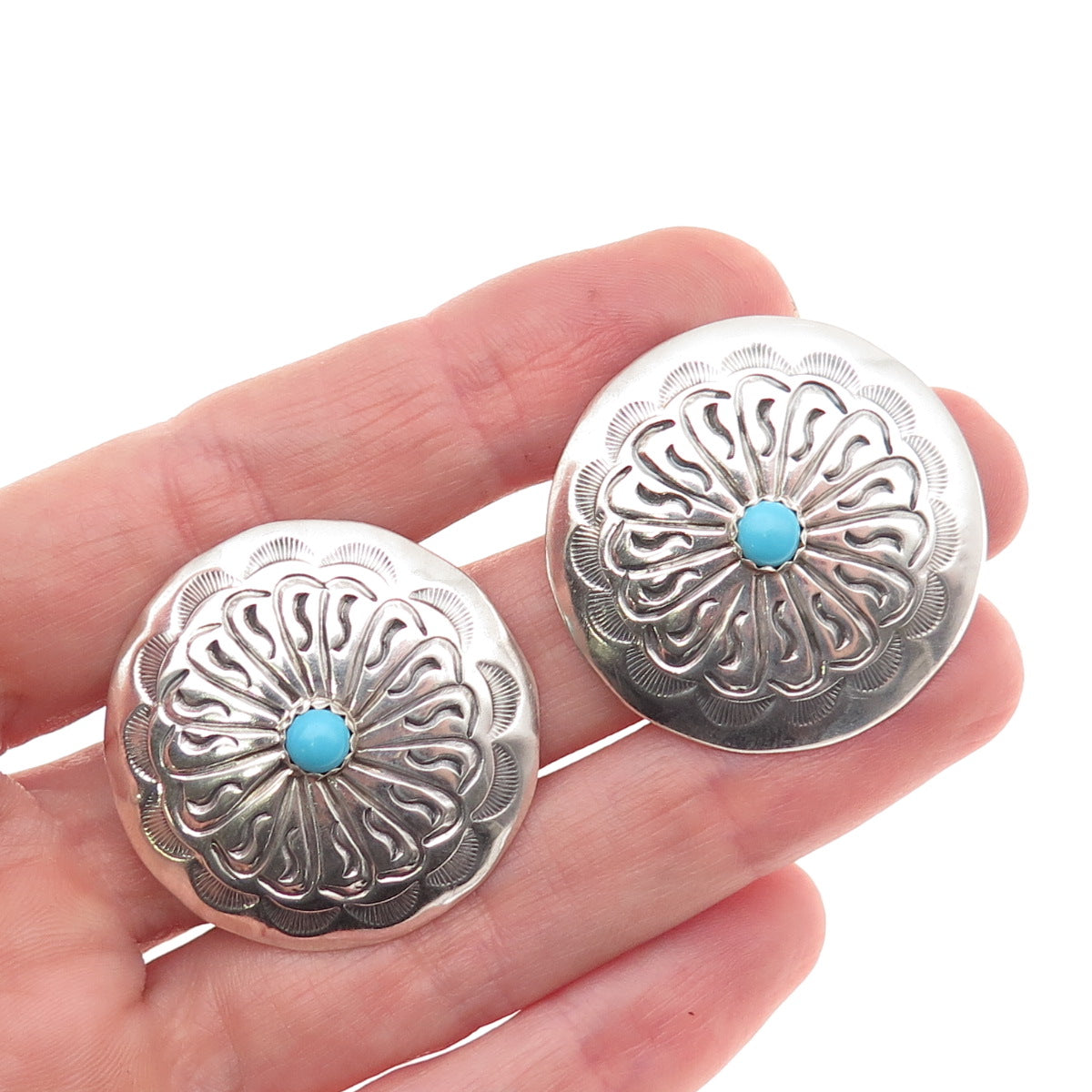 Old Pawn 925 Sterling Silver Vintage Turquoise Snake Eye Concho Tribal Earrings