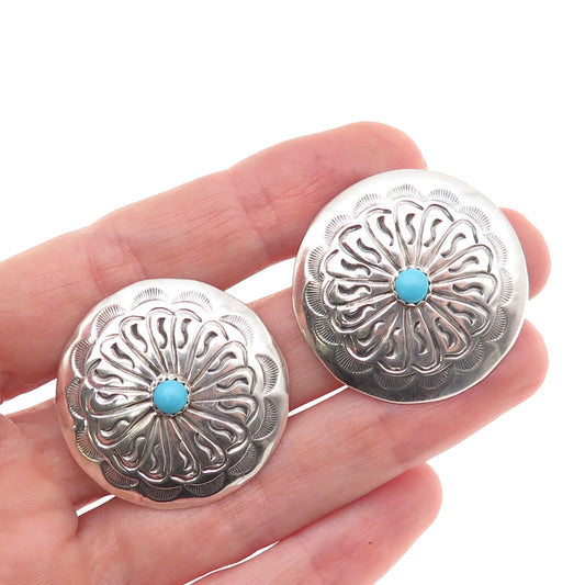 Old Pawn 925 Sterling Silver Vintage Turquoise Snake Eye Concho Tribal Earrings