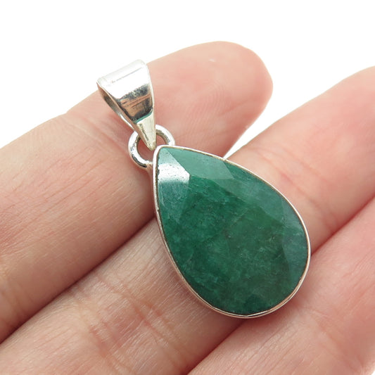 925 Sterling Silver Vintage Real Pear-Cut Emerald Teardrop Pendant