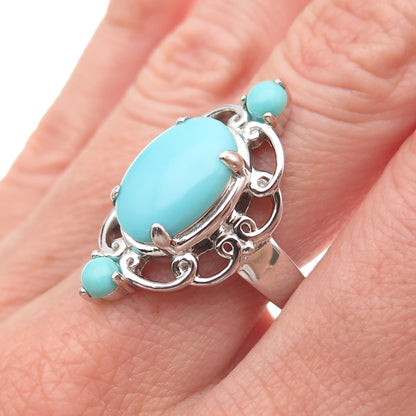 925 Sterling Silver Real Tyrone Turquoise Floral Ring Size 8