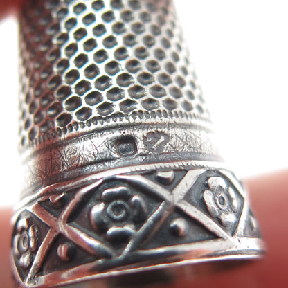 925 Sterling Silver Antique Art Deco European Flower Oxidized Sewing Thimble