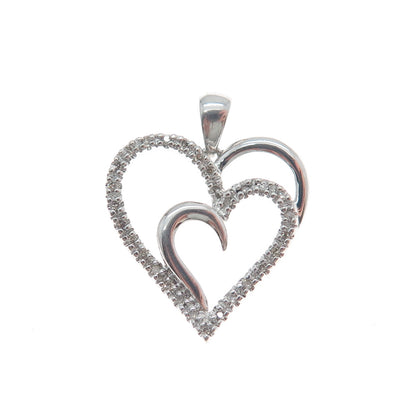 SUN 925 Sterling Silver Real Round-Cut Diamond Double Heart Minimalist Pendant