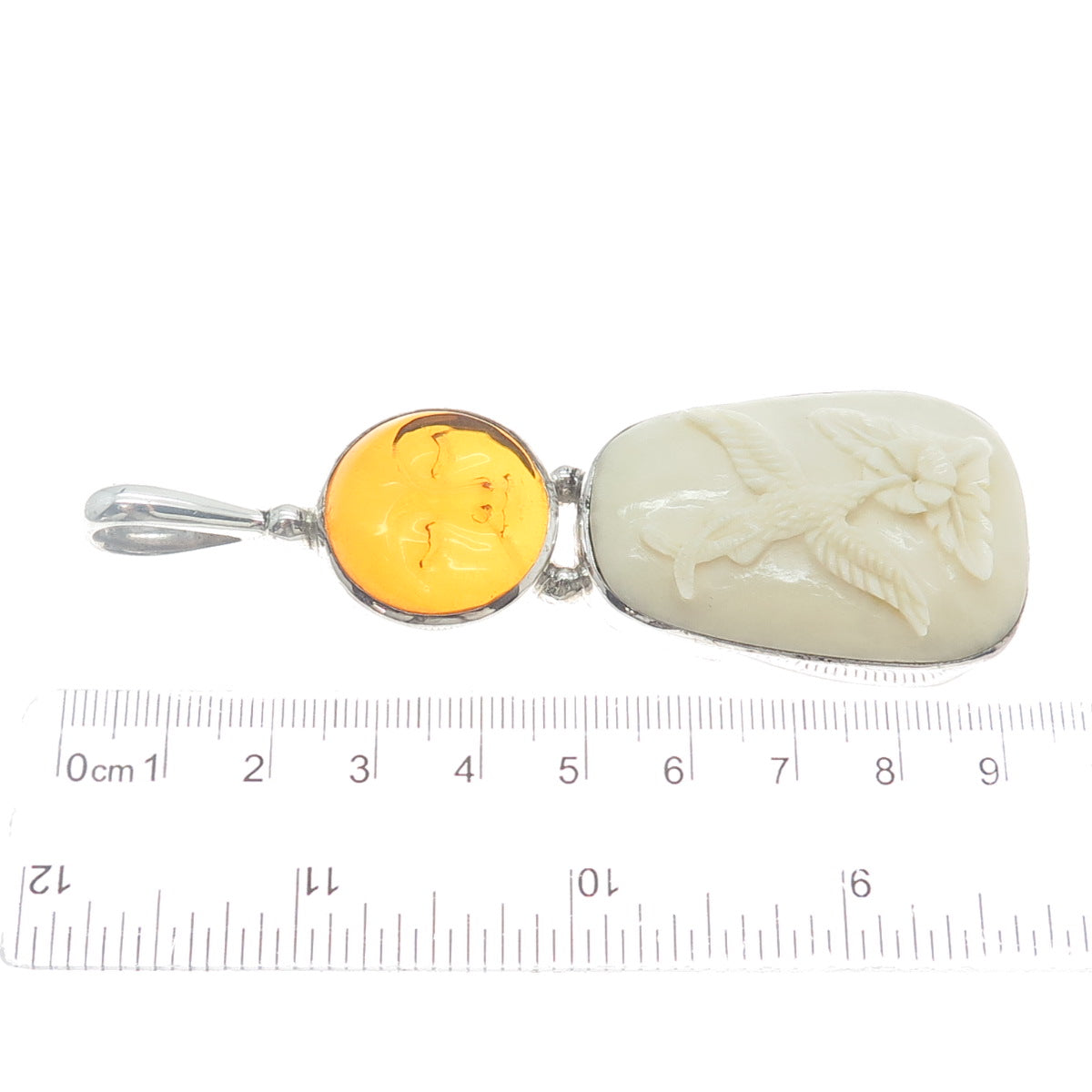 SAJEN 925 Sterling Silver Vintage Real Amber Carved Sun Face Hummingbird Pendant