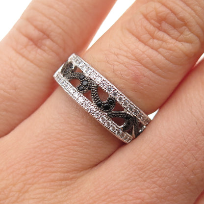 FOREVER 925 Sterling Silver Round-Cut Black & White C Z Ring Size 6.5
