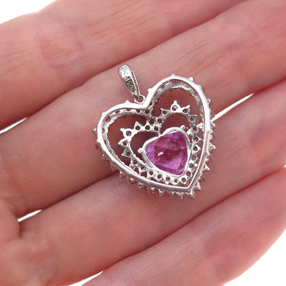 925 Sterling Silver Real Pink & White Topaz Heart Charm Pendant