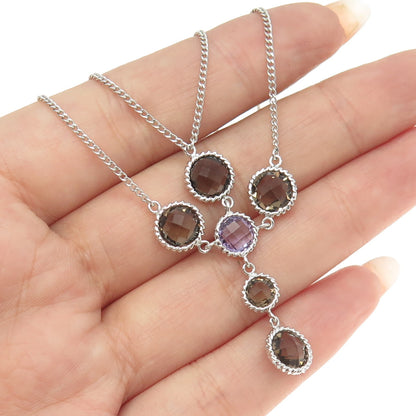 925 Sterling Silver Real Smoky Quartz & Amethyst Gem Curb Chain Necklace 16"