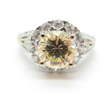925 Sterling Silver 2-Tone Round-Cut Canary & White C Z Ring Size 8