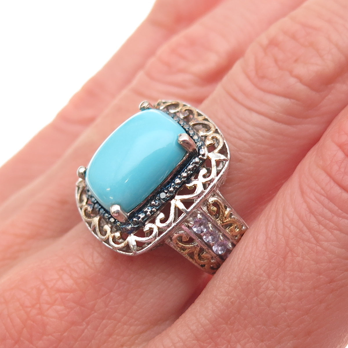 Chuck Clemency Sterling 2-Tone Real Diamond Turquoise & Tanzanite Ring Size 8.25