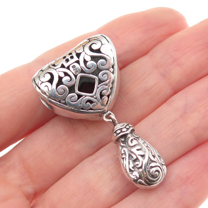 925 Sterling Silver Vintage Real Red Garnet Ornate Heart Slide Dangle Pendant