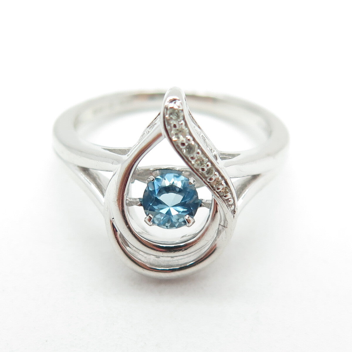 SAI Sterling Silver Real Round-Cut Diamond & Blue Topaz Teardrop Ring Size 6.75