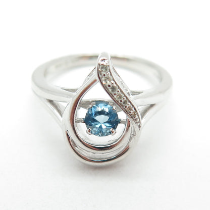 SAI Sterling Silver Real Round-Cut Diamond & Blue Topaz Teardrop Ring Size 6.75