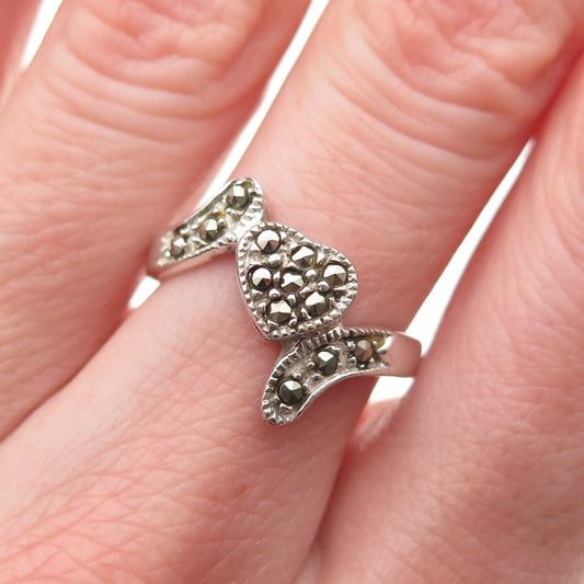 925 Sterling Silver Vintage Real Marcasite Heart Bypass Ring Size 7