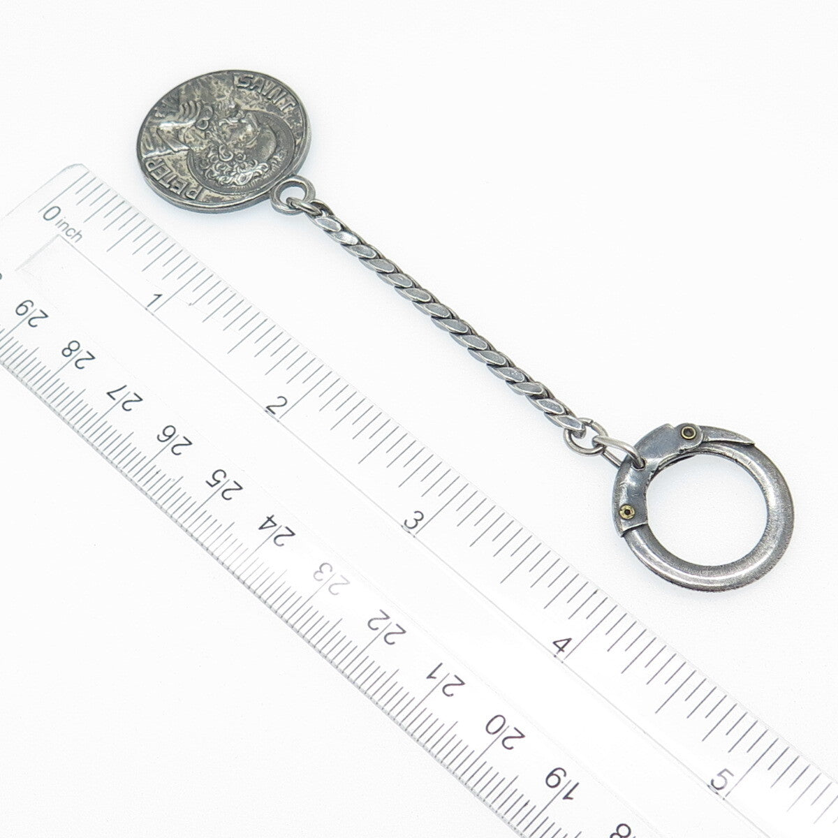 925 Sterling Silver Antique Art Deco St. Peter Emergency OxidizedKey Fob Chain