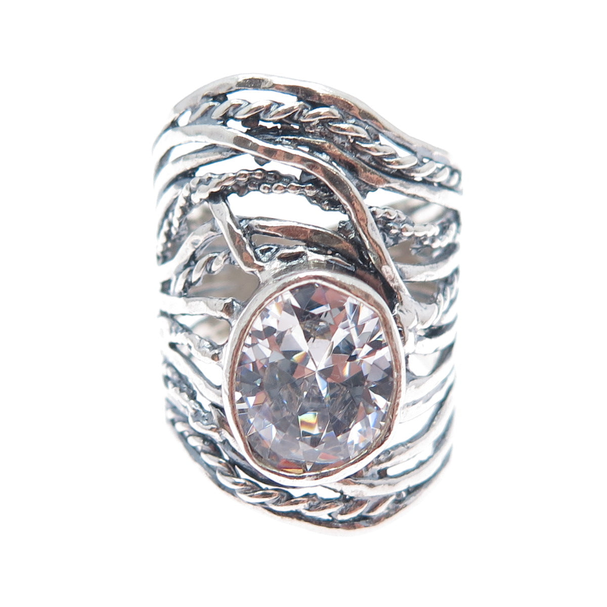 925 Sterling Silver Vintage Israel Oval-Cut C Z Modernist Oxidized Ring Size 8.5