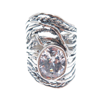 925 Sterling Silver Vintage Israel Oval-Cut C Z Modernist Oxidized Ring Size 8.5