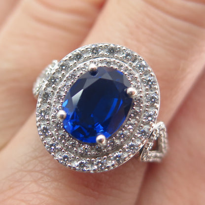 925 Sterling Silver Blue Oval-Cut & White Round-Cut Shaped C Z Ring Size 7