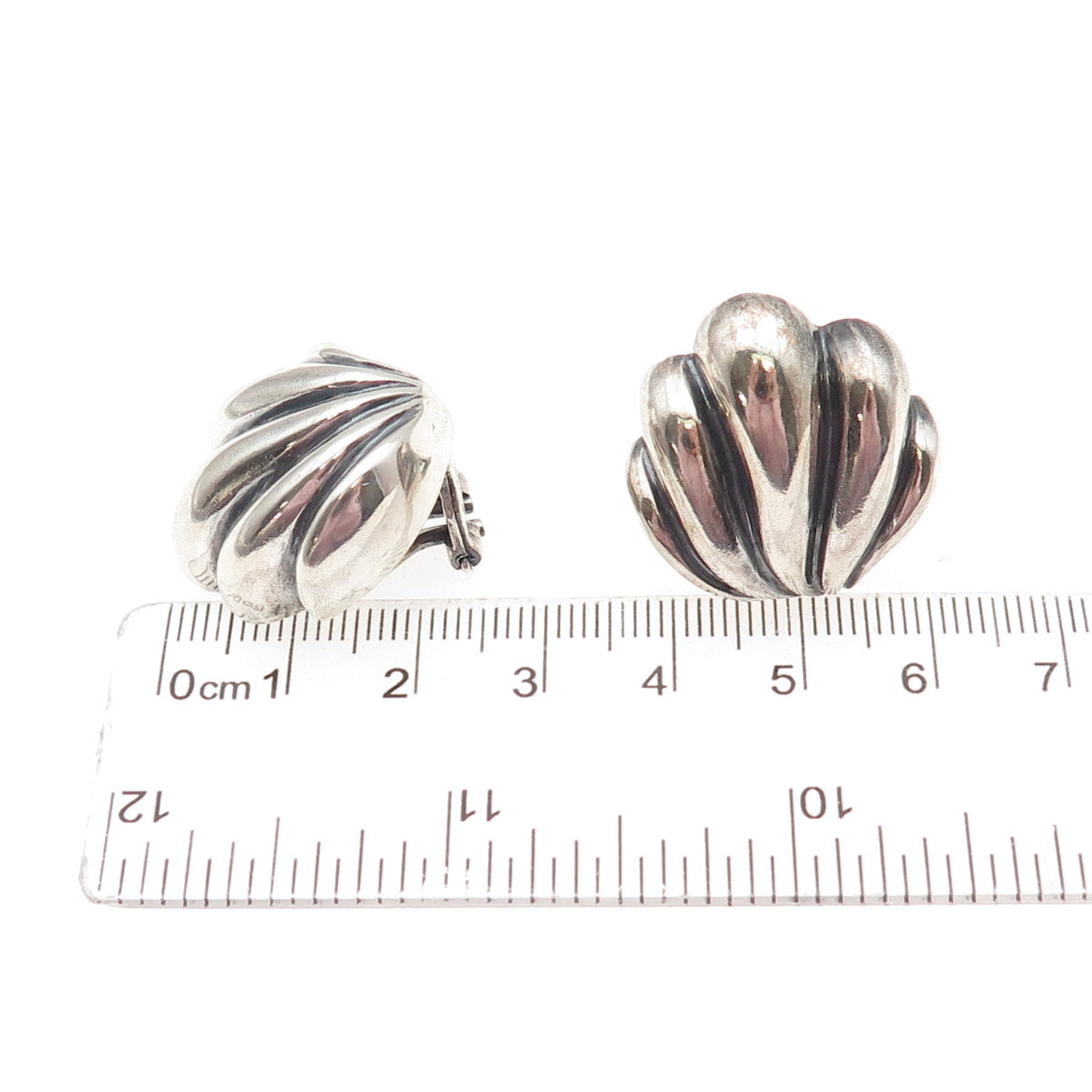 925 Sterling Silver Vintage Modernist Seashell Oxidized Clip On Earrings