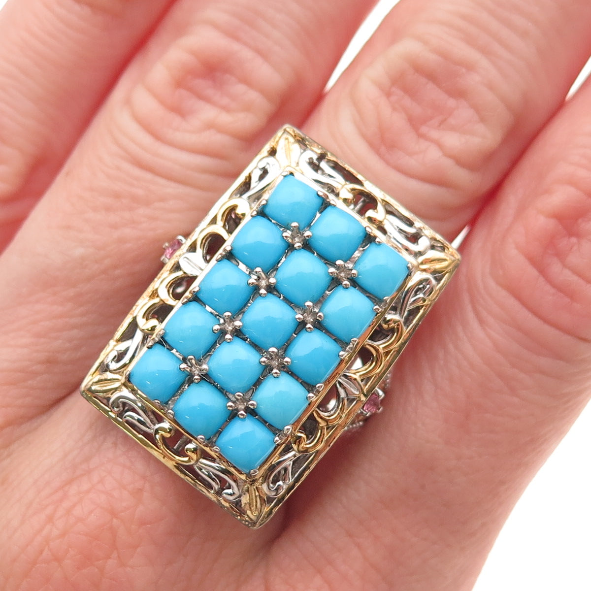 D'Joy Sterling Silver 2-Tone Sleeping Beauty Turquoise & Amethyst Ring Size 8.25