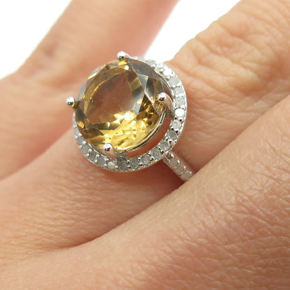 925 Sterling Silver Real Round-Cut Diamond & Citrine Engagement Ring Size 5