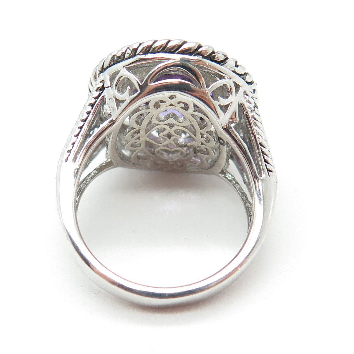 925 Sterling Silver Real Checkered Amethyst Gem Swirl Twisted Ring Size 7