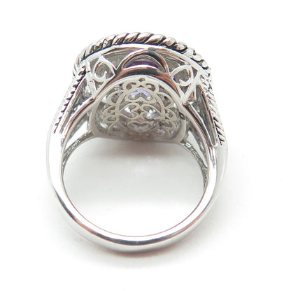 925 Sterling Silver Real Checkered Amethyst Gem Swirl Twisted Ring Size 7