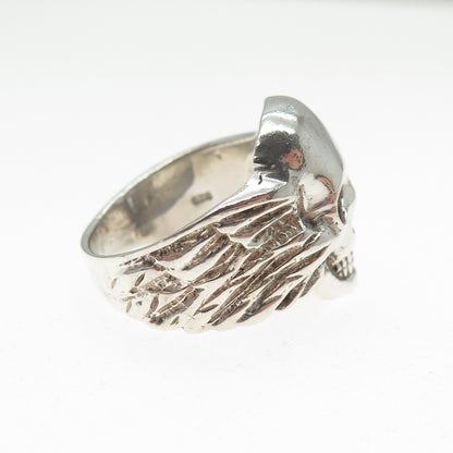 925 Sterling Silver Vintage Skull & Wings Oxidized Biker Ring Size 7