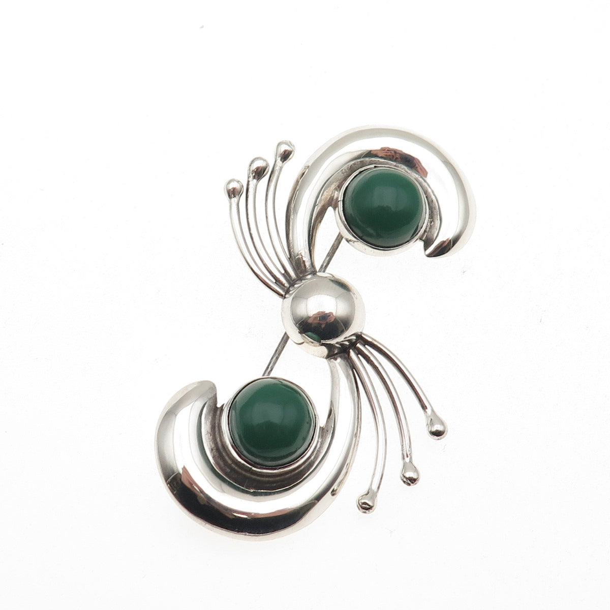 925 Sterling Silver Vintage Mexico Real Green Onyx Modernist Pin Brooch