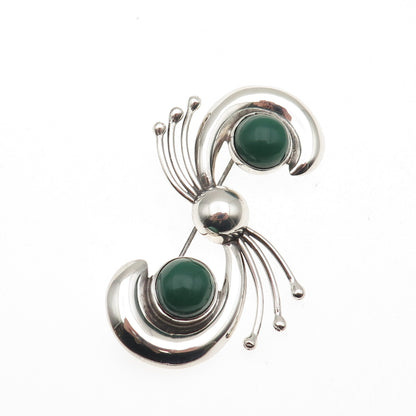 925 Sterling Silver Vintage Mexico Real Green Onyx Modernist Pin Brooch