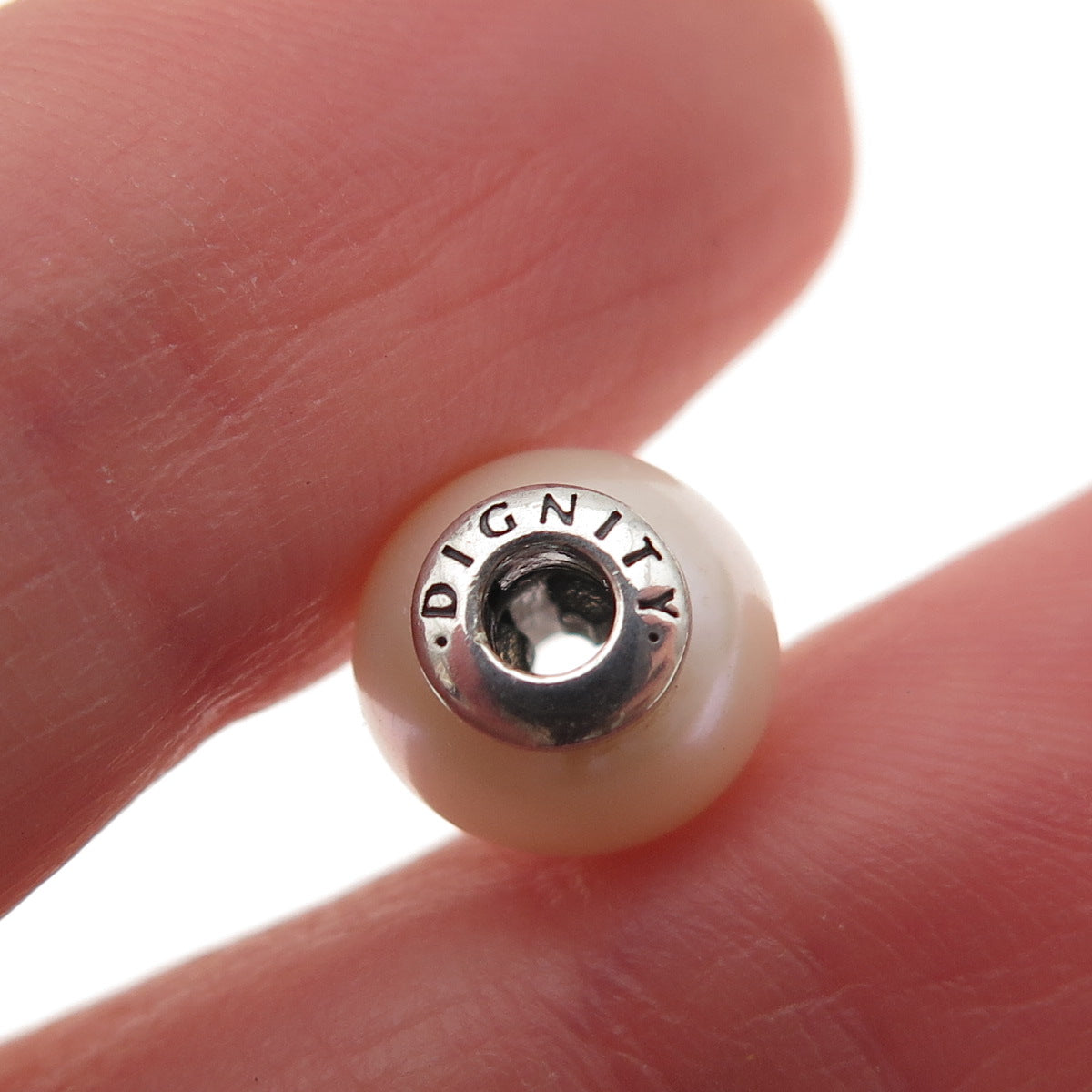 Pandora 925 Sterling Silver Faux Pearl Essence Dignity Slide Bead Charm