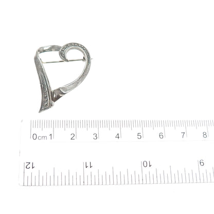 925 Sterling Silver Vintage Modernist Open Heart Oxidized Pin Brooch