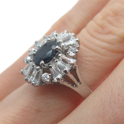925 Sterling Silver Real Sapphire Gemstone & Multi-C Z Cluster Cross Ring Size 6