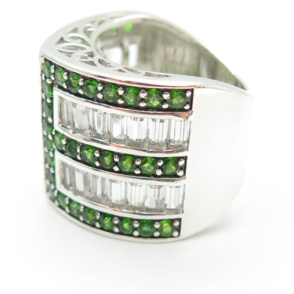 925 Sterling Silver Real Emerald-Cut White Topaz & Round-Cut Peridot Ring Size 7