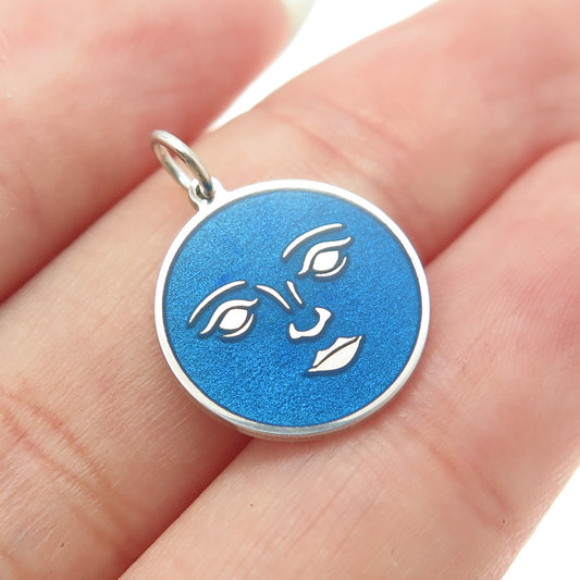 925 Sterling Silver Blue Enamel Moon Face Round Tag Minimalist Charm Pendant