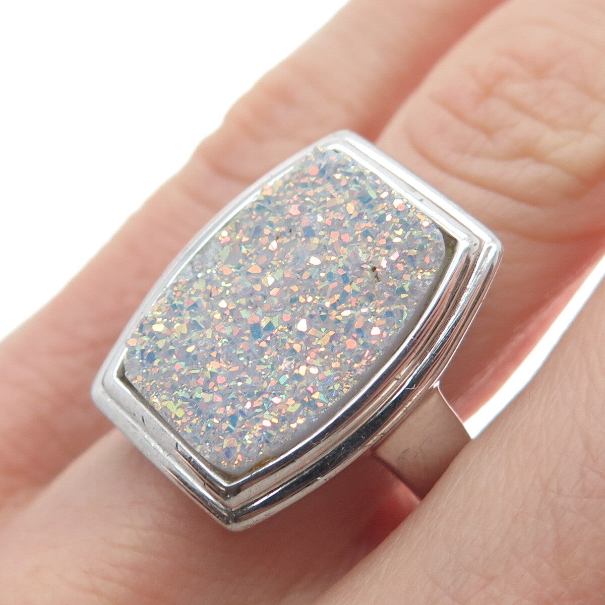 JH YOUNG 925 Sterling Silver Real Druzy Modernist Ring Size 8.25