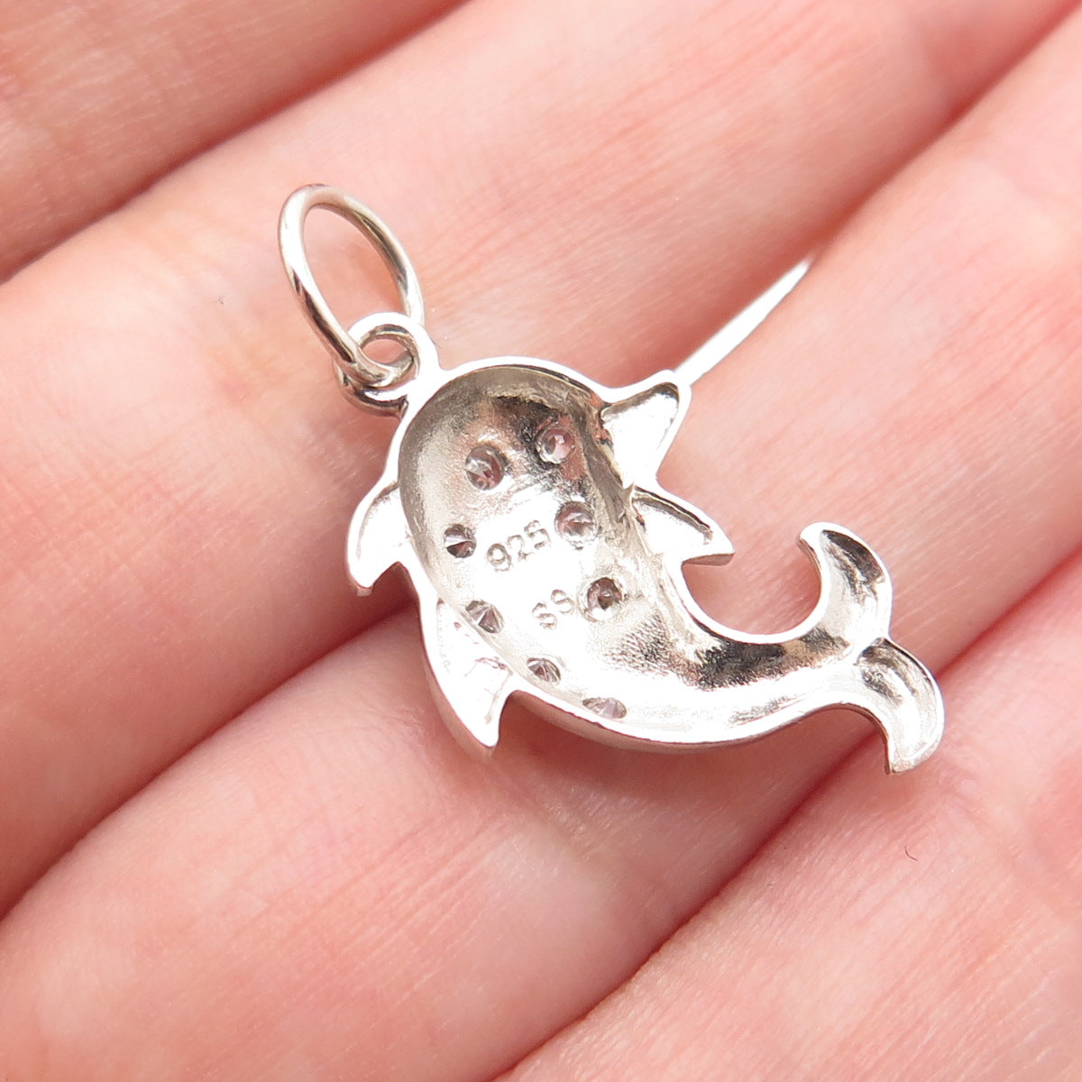 925 Sterling Silver Round-Cut C Z Dolphin Minimalist Charm Pendant