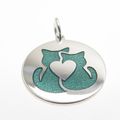 925 Sterling Silver Green Enamel Cat Couple Round Tag Minimalist Charm Pendant