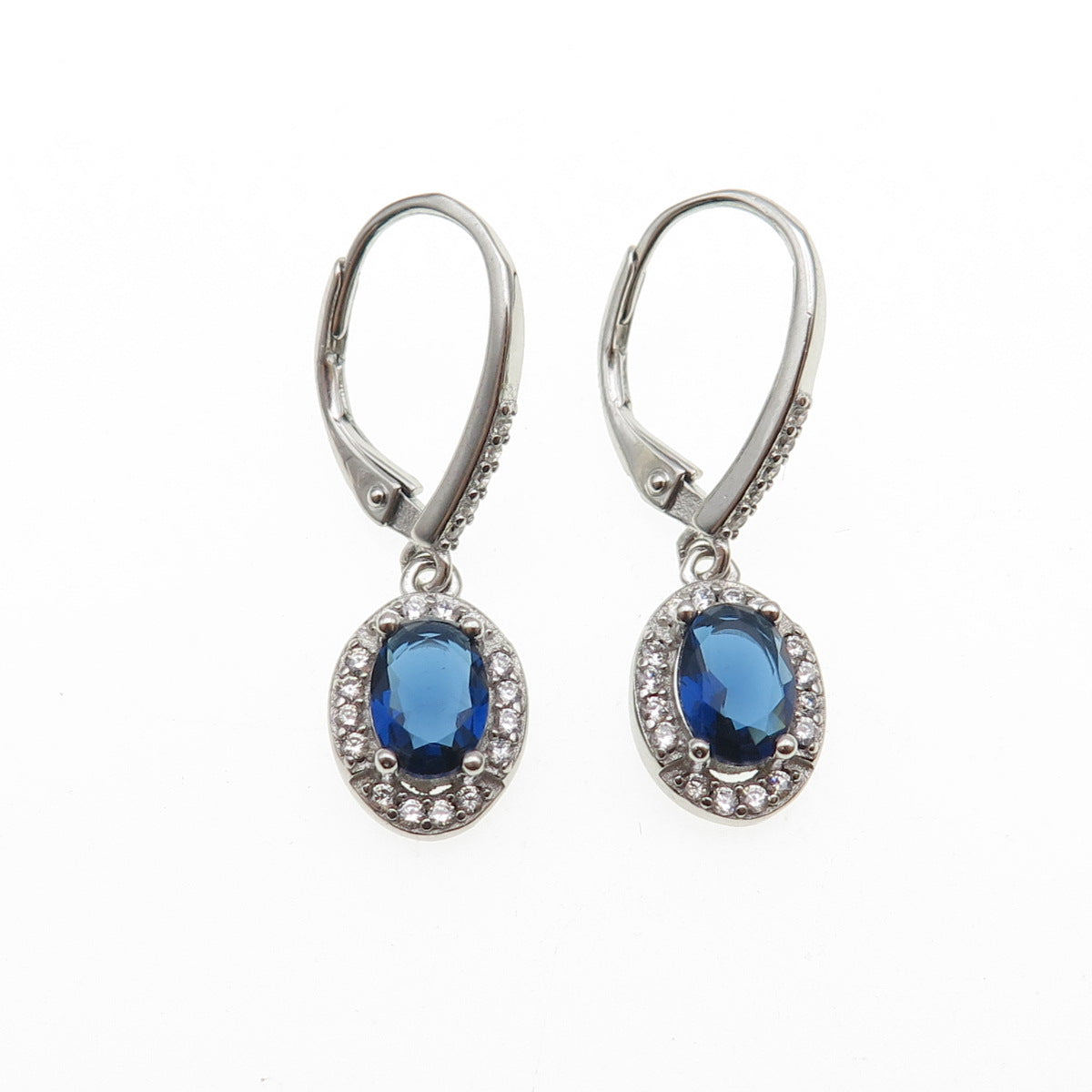 925 Sterling Silver Blue & White C Z Dangle Earrings