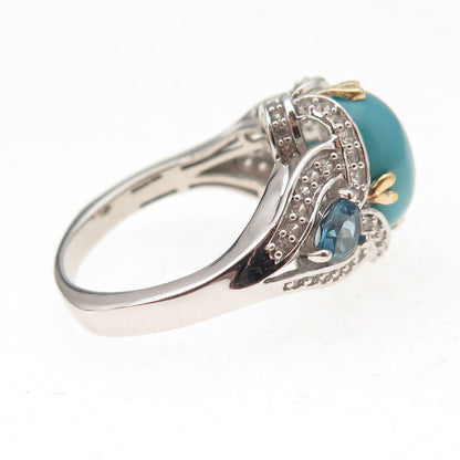 925 Sterling Silver 2-Tone Real Turquoise Blue & White Topaz Ring Size 8.25