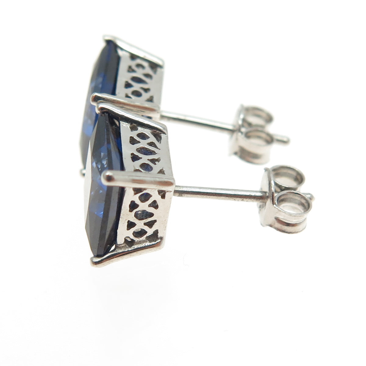 925 Sterling Silver Princess-Cut Blue C Z Stud Earrings