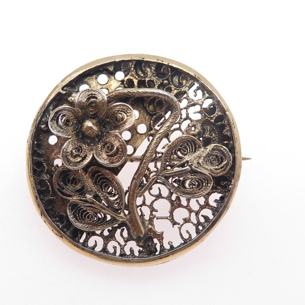 Gold Plated Antique Art Deco Rose Flower Filigree Pin Brooch