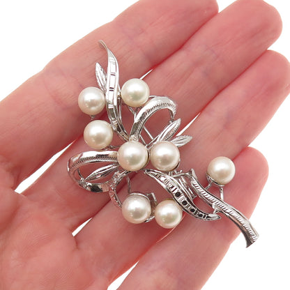 925 Sterling Silver Antique Art Deco Real Akoya Pearl Floral Pin Brooch