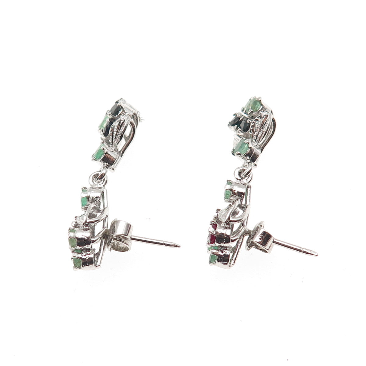 925 Sterling Silver Vintage Real Ruby Emerald & Sapphire Floral Dangle Earrings