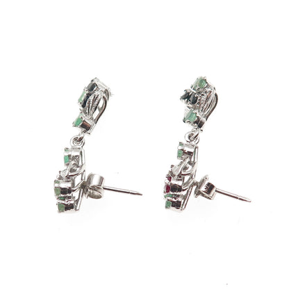 925 Sterling Silver Vintage Real Ruby Emerald & Sapphire Floral Dangle Earrings