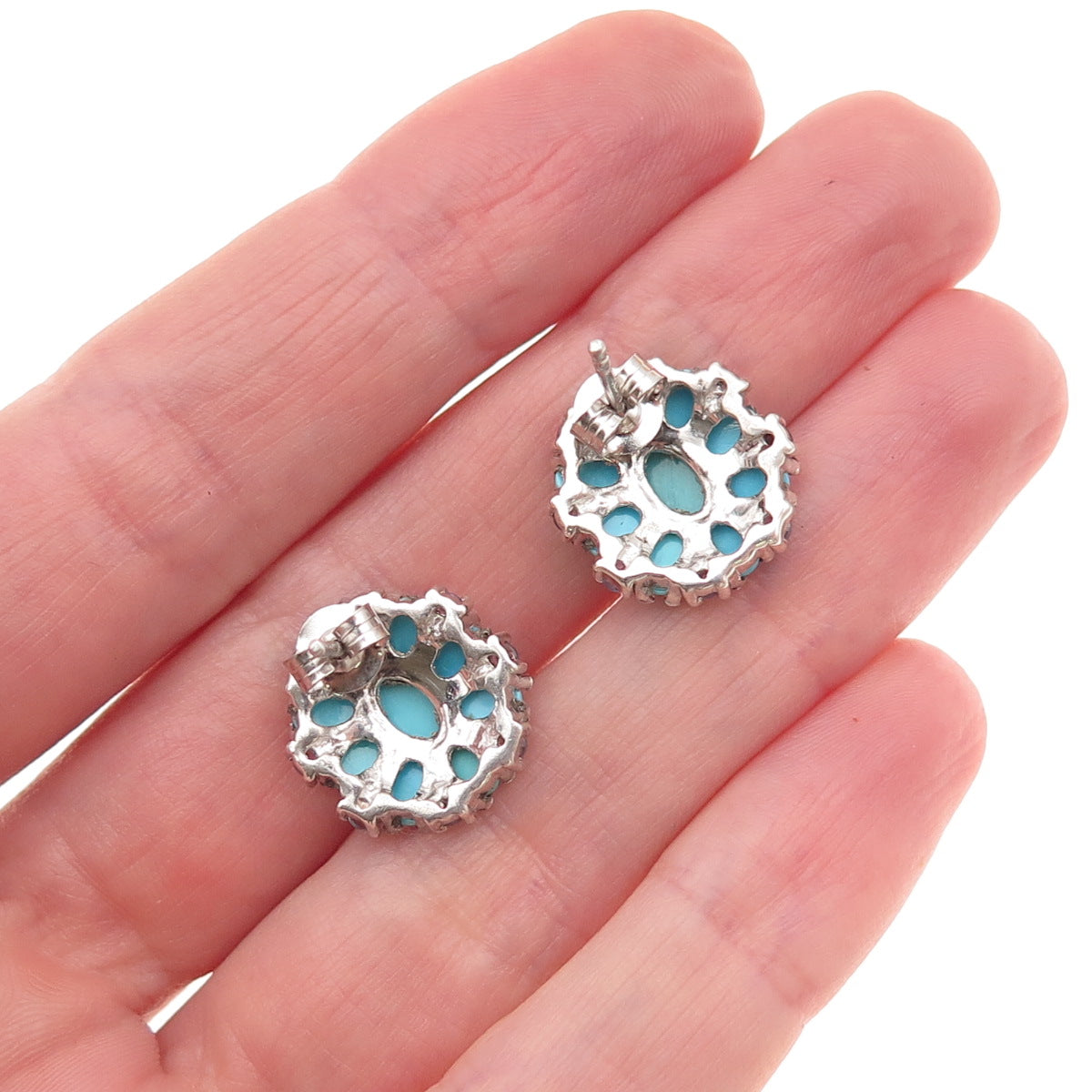 Chuck Clemency 925 Sterling Silver Real Turquoise & Tanzanite Floral Earrings