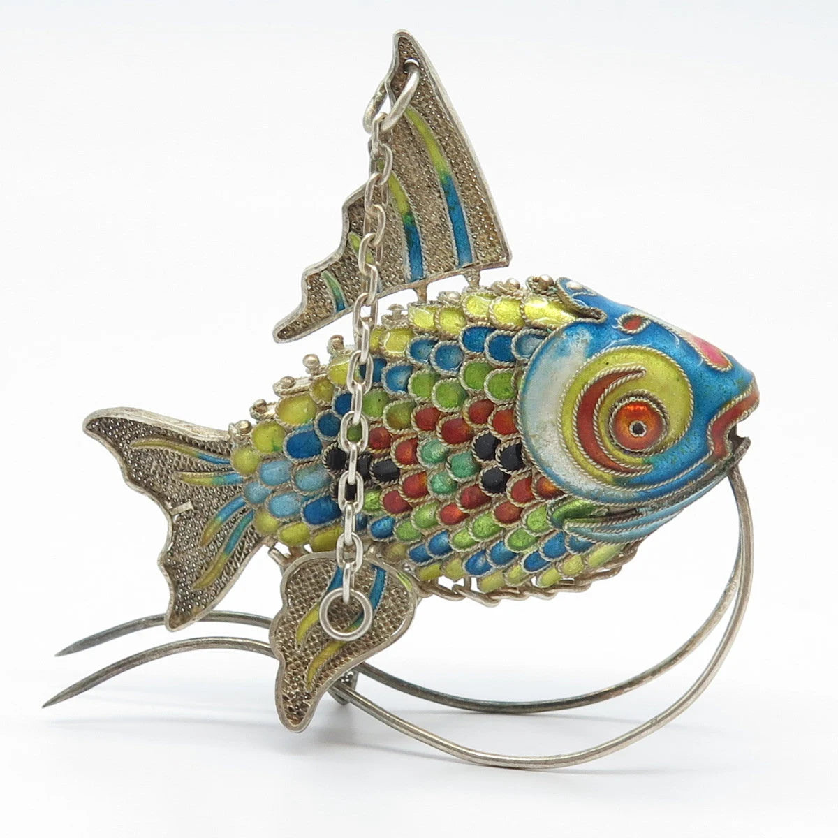 925 Sterling Silver Antique Enamel Chinese Fish Articulated Chatelaine Fob